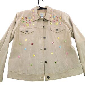 Chico's Statement Embroidered Suede Leather Jacket M Beige Boho Western Festival